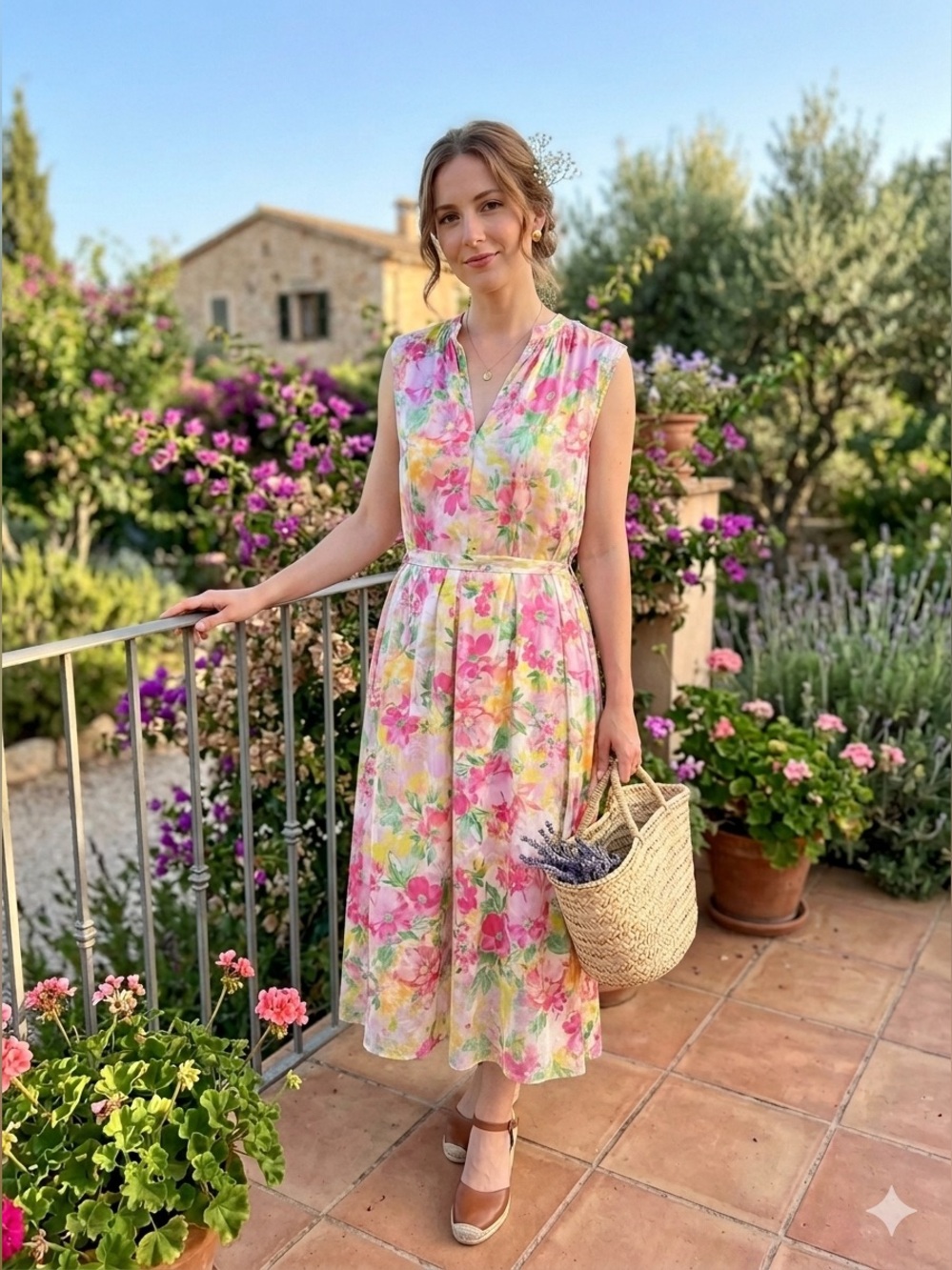 Current Air Floral V-Neck Midi Dress in Pink and Pastel Multicolor
